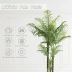 Feature icons for realism, pet safety and low upkeep beside the palm fronds