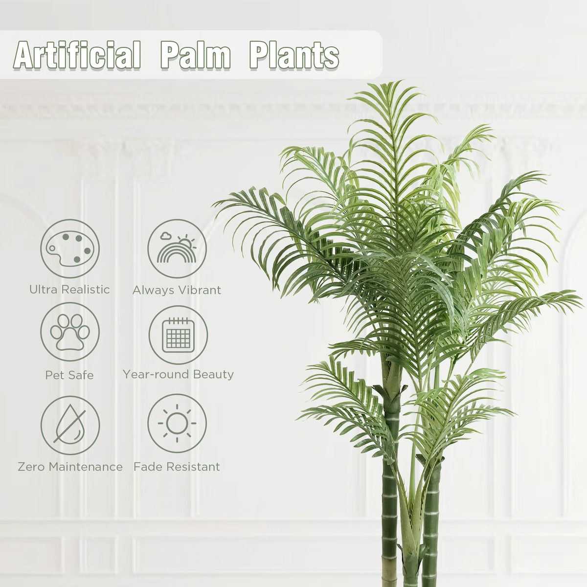 Feature icons for realism, pet safety and low upkeep beside the palm fronds