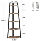 Dimension diagram of the brown corner shelf beside a person outline for scale