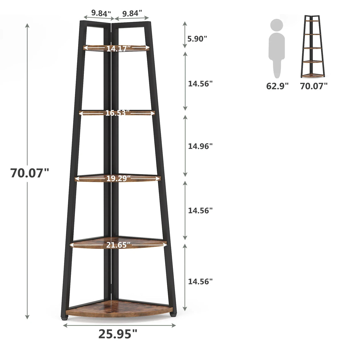 Dimension diagram of the brown corner shelf beside a person outline for scale