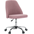Pink armless swivel chair with chrome wheels shown alone on a plain white background