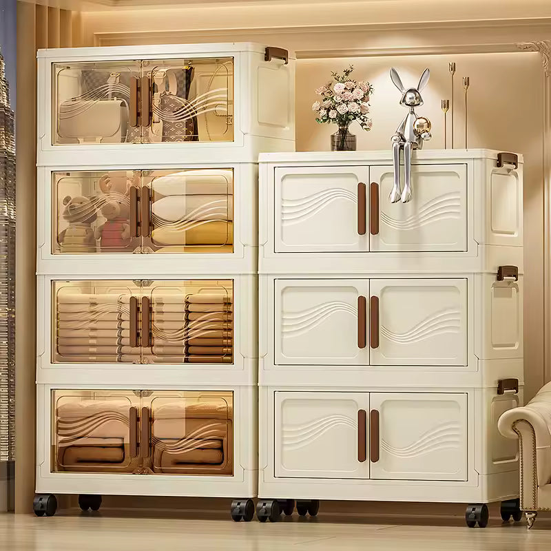 Folding Stackable Storage Cabinet with Doors and Casters, 3, 4 or 5 Tier Plastic Organizer, 47 x 25 cm / 18.5 x 9.8 in, for Bedroom and Closet