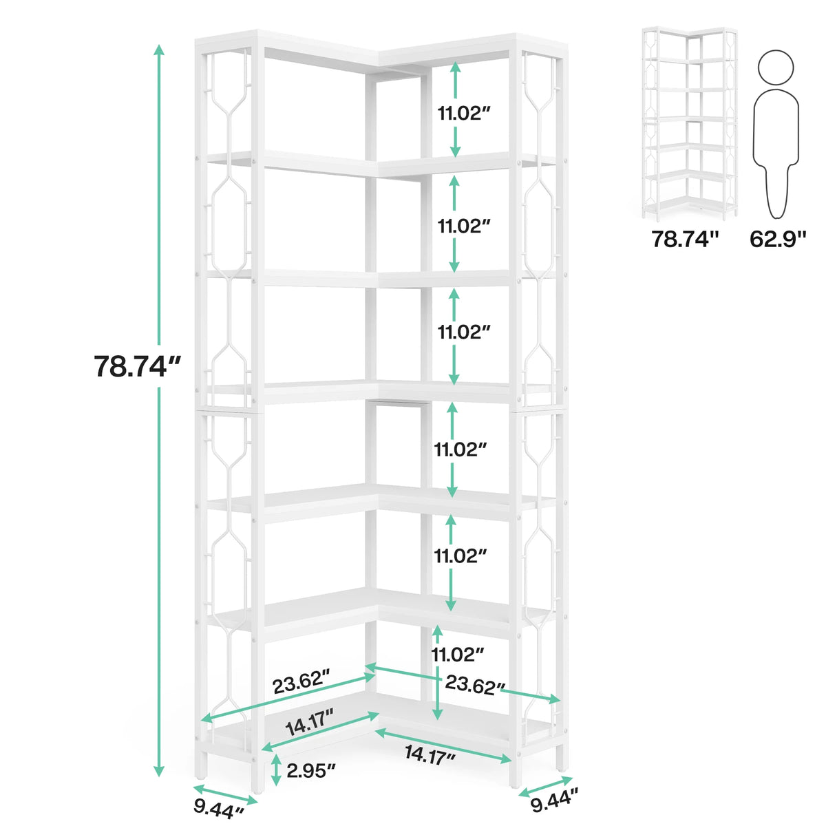 Size chart of the white corner etagere with shelf heights marked beside a figure