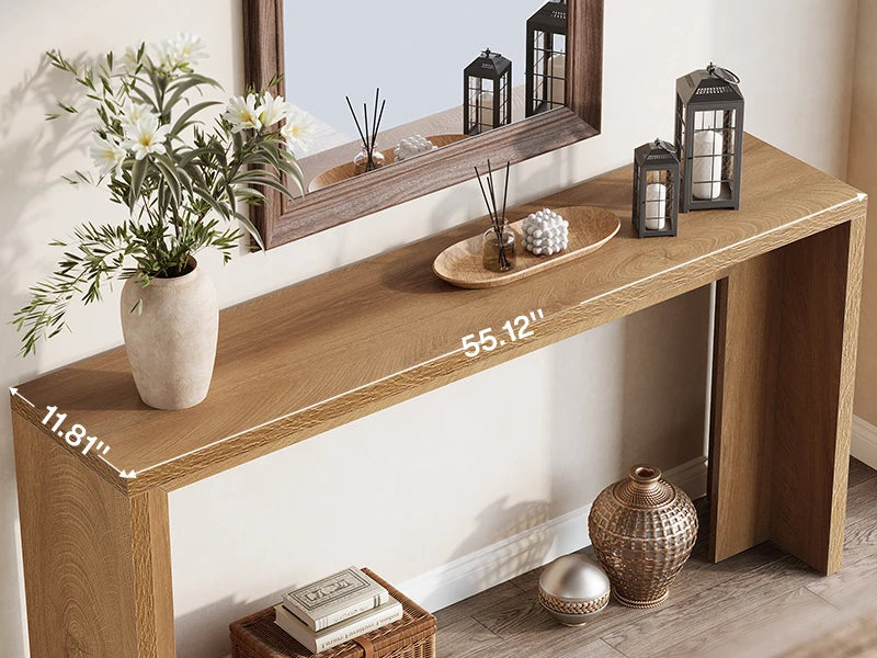 Styled console with its length and depth measurements printed across the top