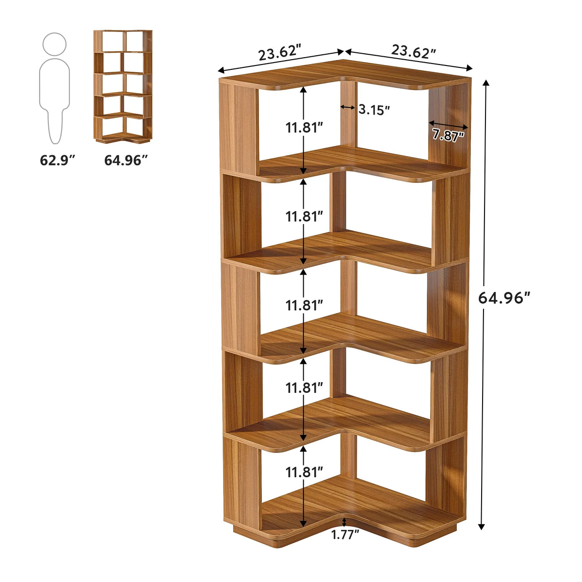Size chart giving the height, width and depth of the six tier corner bookcase