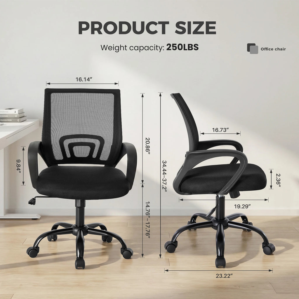Size panel with front and side views of the black mesh chair and a load label