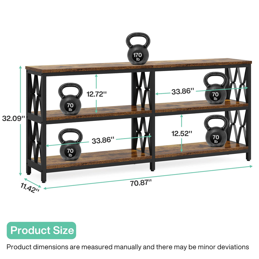 Load diagram showing kettlebells on each shelf of the console with sizes marked