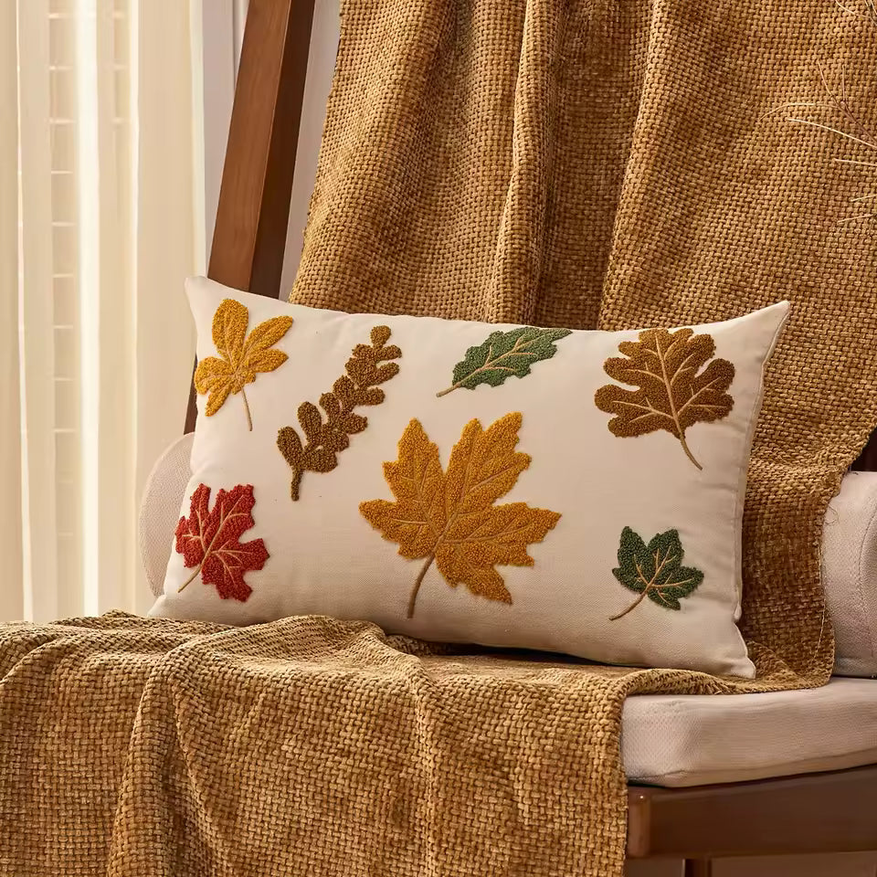 Maple Leaf Throw Pillow Cover, Tufted Velvet Autumn Cushion Case, Fall Leaves and Wreath Designs, 45 x 45 cm / 17.7 in or 30 x 50 cm / 19.7 in