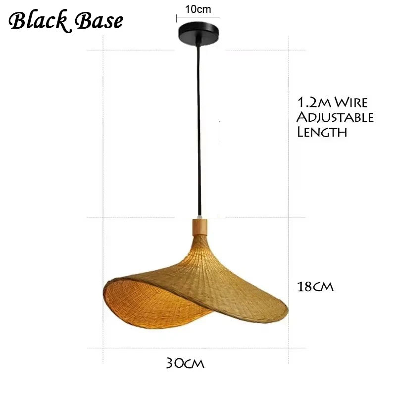 Spec drawing of the straw hat shade with a 1.2 m / 47 in adjustable hanging wire