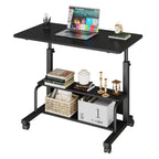 Black rolling desk with a laptop and stacked books on a white background