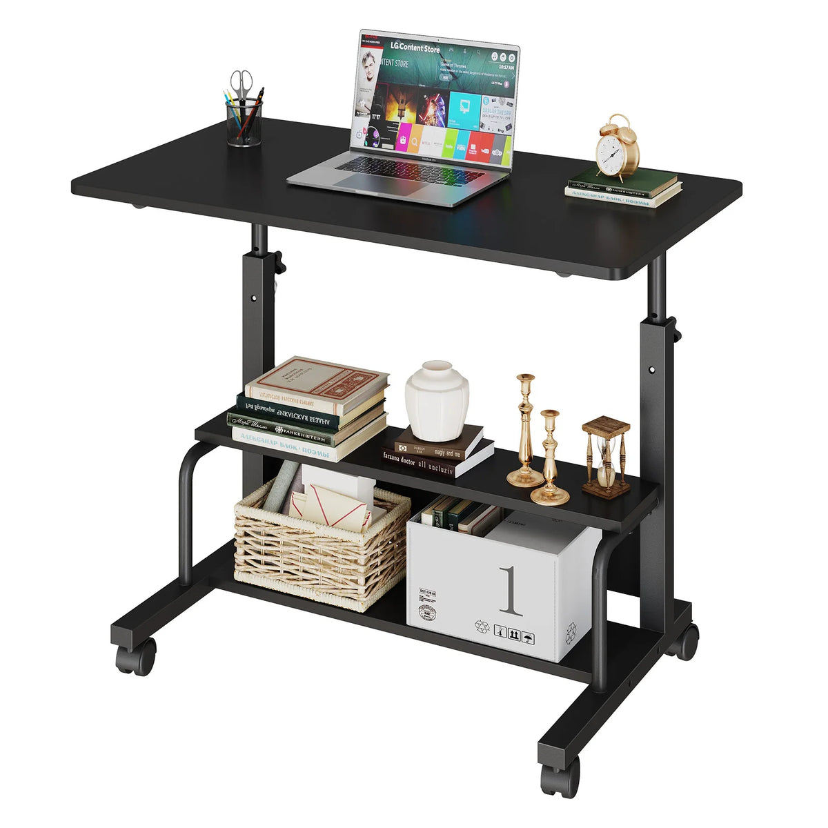 Black rolling desk with a laptop and stacked books on a white background