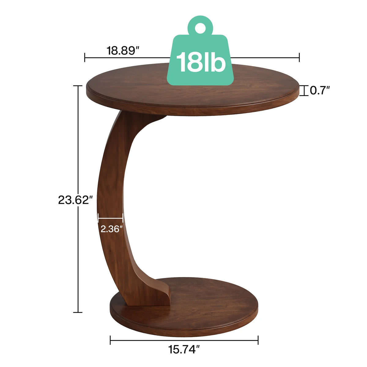 Spec diagram of the round side table with its top load limit and dimensions