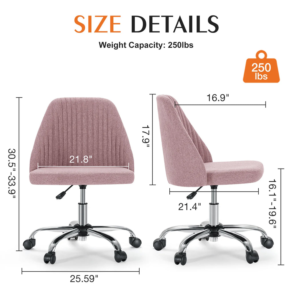 Size diagram with front and side views of the chair and a weight capacity badge