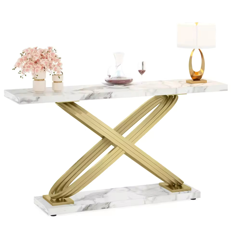 Console Table, 140 x 35 x 80 cm / 55.1 x 13.8 x 31.5 in Faux Marble Top with Gold Metal X Base, Narrow Entryway and Behind Sofa Table for Living Room