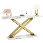 Console Table, 140 x 35 x 80 cm / 55.1 x 13.8 x 31.5 in Faux Marble Top with Gold Metal X Base, Narrow Entryway and Behind Sofa Table for Living Room
