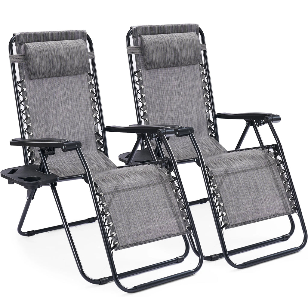 Pair of gray mesh zero gravity loungers with cup trays on a white background