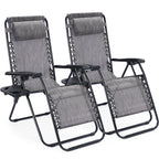 Pair of gray mesh zero gravity loungers with cup trays on a white background