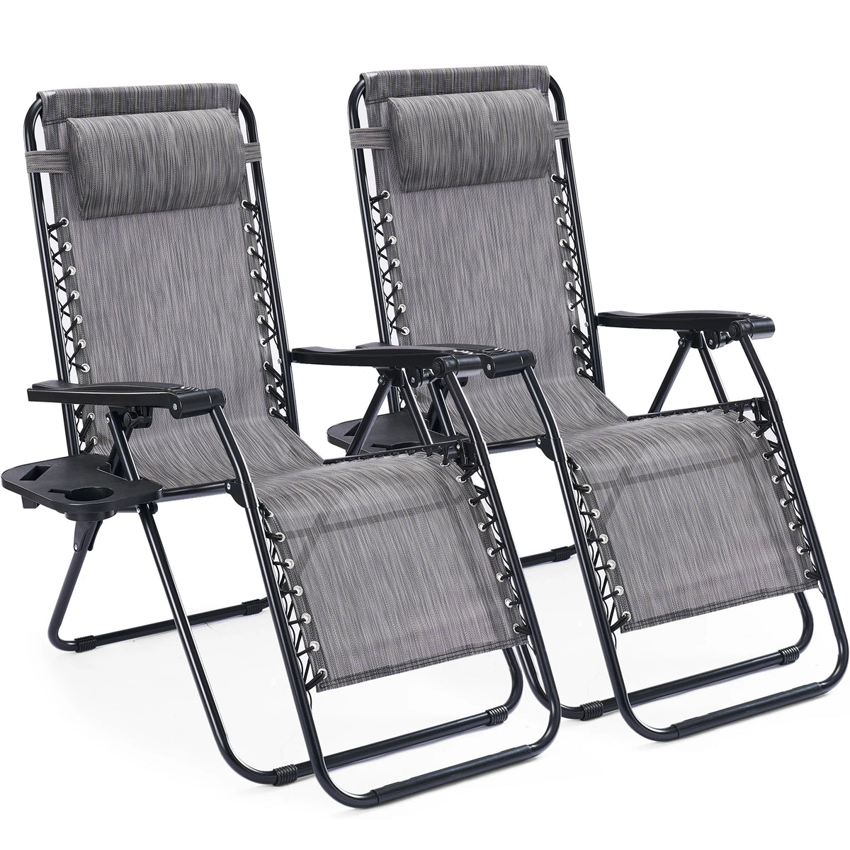 Pair of gray mesh zero gravity loungers with cup trays on a white background