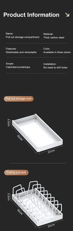 Spec panel listing material and features beside diagrams of the tray and pan rack