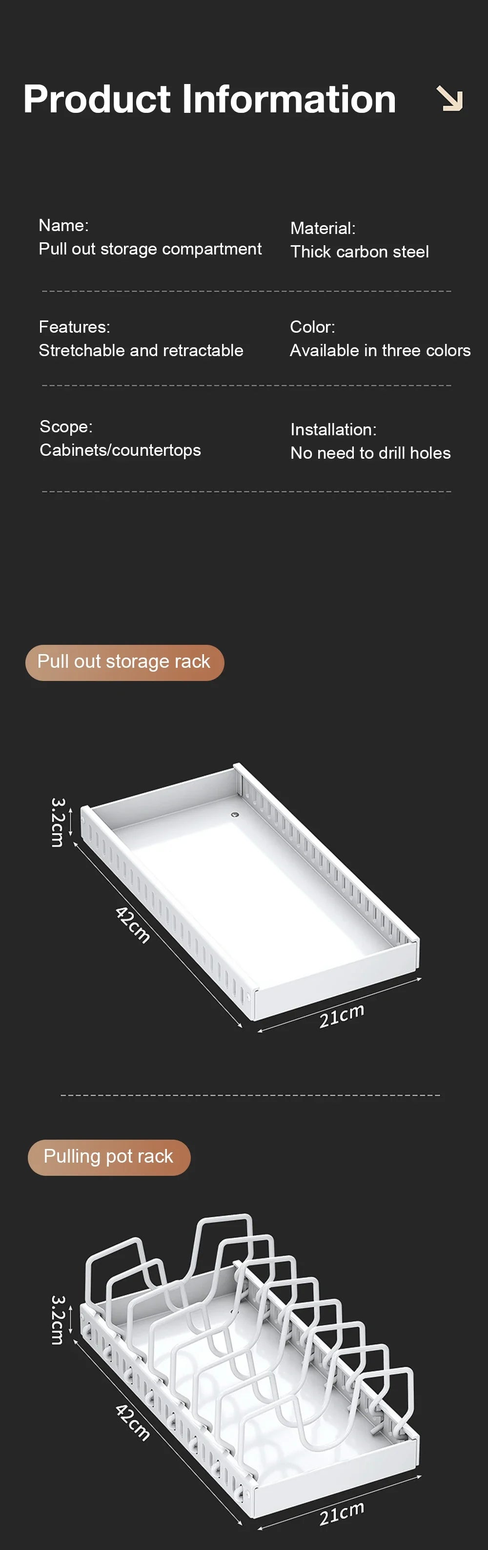 Spec panel listing material and features beside diagrams of the tray and pan rack