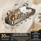 Feature diagram of the 30 cm / 11.8 in gray shelf with hooks and no drill fixing
