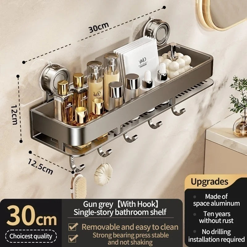 Feature diagram of the 30 cm / 11.8 in gray shelf with hooks and no drill fixing