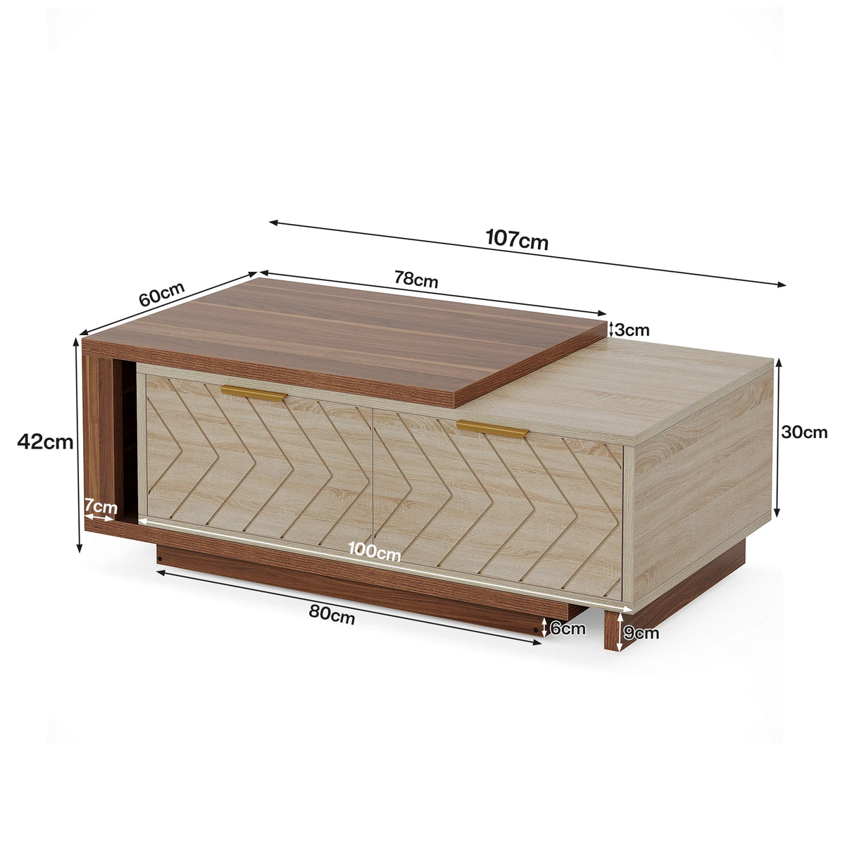 Dimension diagram of the coffee table with the top slid open and depths marked