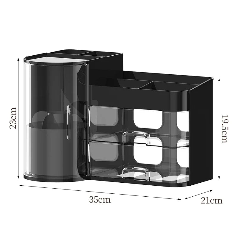 Black organizer on a plain background with its width, depth and height marked