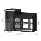 Black organizer on a plain background with its width, depth and height marked