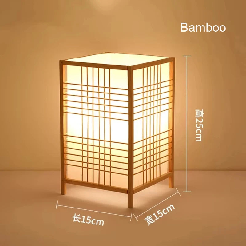 Bamboo lattice lamp on a plain background labeled with its width and height
