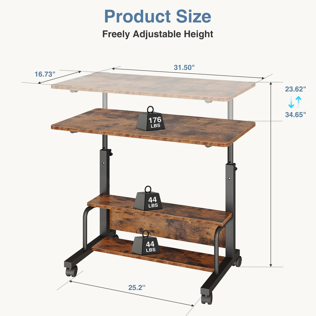 Size drawing of the brown rolling desk with height range and shelf load limits