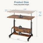 Size drawing of the brown rolling desk with height range and shelf load limits