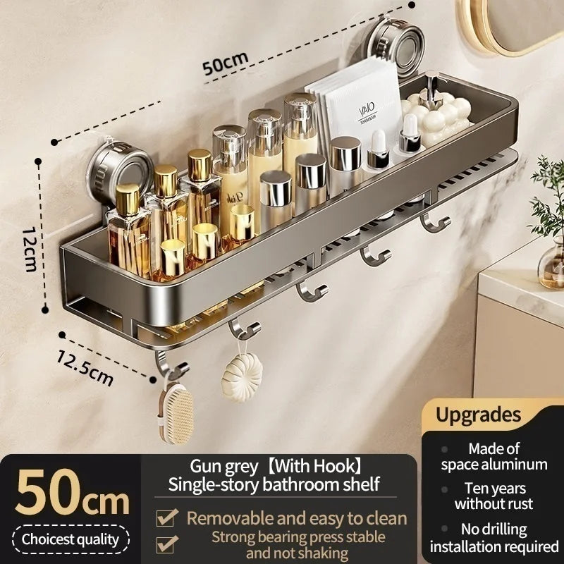 Feature diagram of the 50 cm / 19.7 in gray shelf with hooks along the base