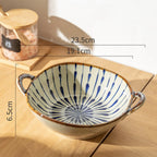 Spec diagram of the blue sunburst stripe bowl with dimension lines