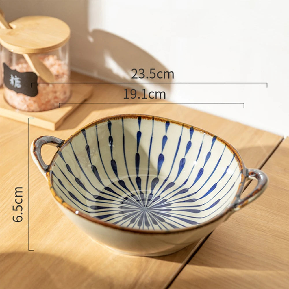 Spec diagram of the blue sunburst stripe bowl with dimension lines