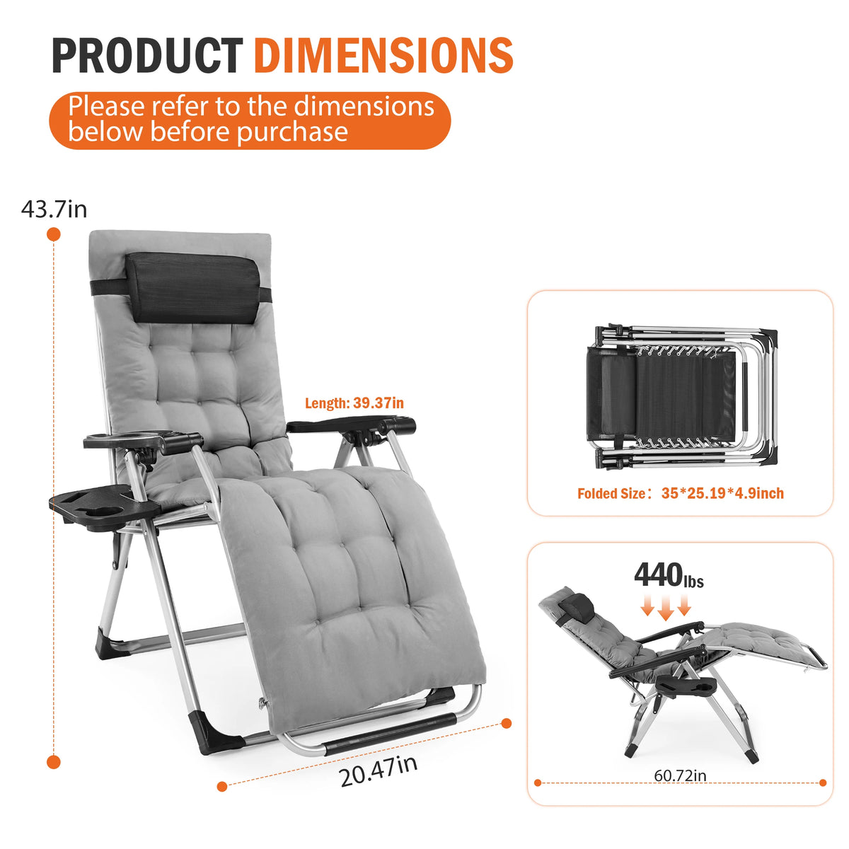 Dimension sheet for the black recliner with folded and open views and a load badge