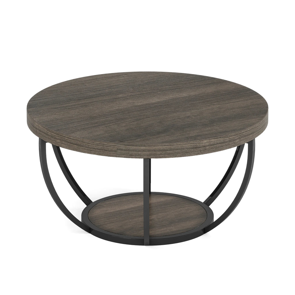Studio render of the round coffee table with its lower shelf and curved base
