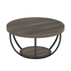 Studio render of the round coffee table with its lower shelf and curved base