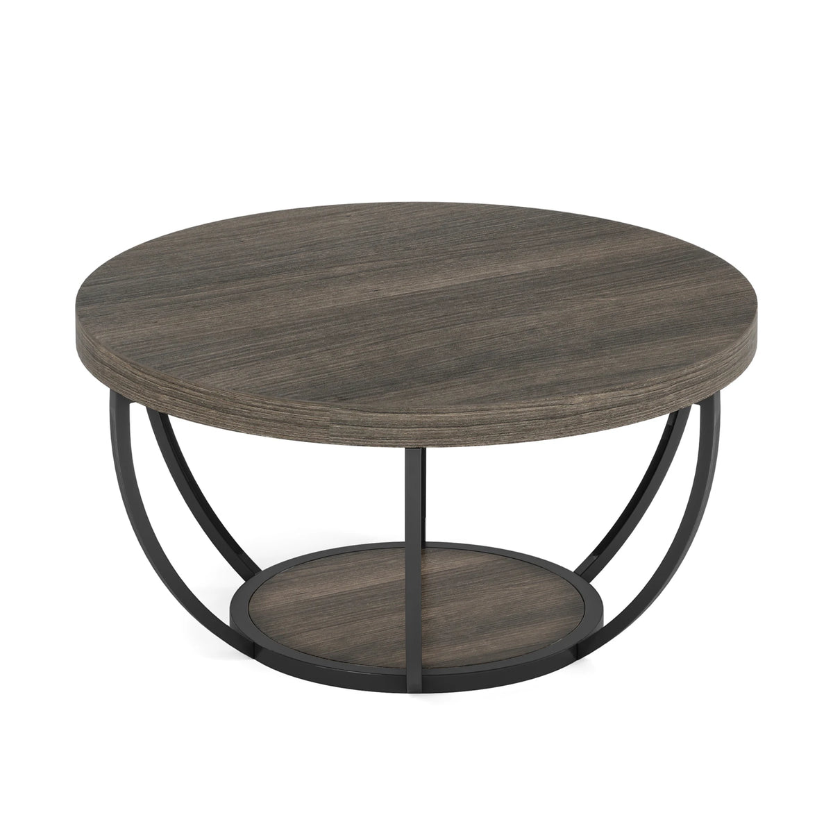 Studio render of the round coffee table with its lower shelf and curved base