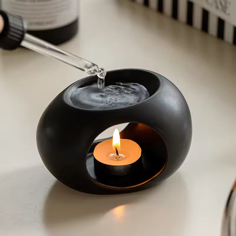 Ceramic Oil Warmer and Wax Melt Burner, Tealight Heated Pebble 10.5 cm / 4.1 in Long, Matte Black or Speckled White, Bedroom and Bathroom