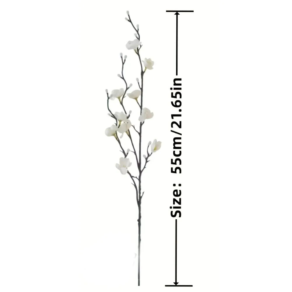 Single white blossom branch on a plain background labeled with its stem length