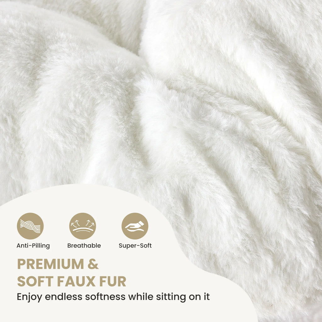 Close view of the white faux fur texture with icons for anti pilling, breathable and soft fabric