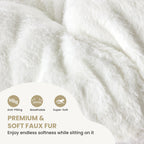Close view of the white faux fur texture with icons for anti pilling, breathable and soft fabric