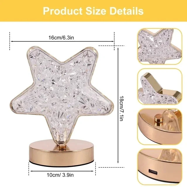Size details for the star lamp, 16 cm / 6.3 in wide and 18 cm / 7.1 in tall