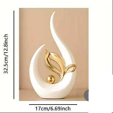 Ceramic Statue in White and Gold, Glazed Crescent Sculpture with Mirror Polished Leaf Motif and Sphere, Tabletop Figure for Shelf, Desk or Console