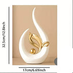 Ceramic Statue in White and Gold, Glazed Crescent Sculpture with Mirror Polished Leaf Motif and Sphere, Tabletop Figure for Shelf, Desk or Console