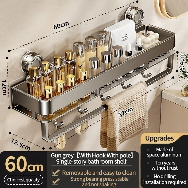Feature diagram of the 60 cm / 23.6 in gray shelf with hooks and a hanging rail