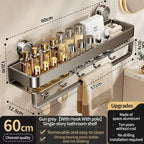 Feature diagram of the 60 cm / 23.6 in gray shelf with hooks and a hanging rail