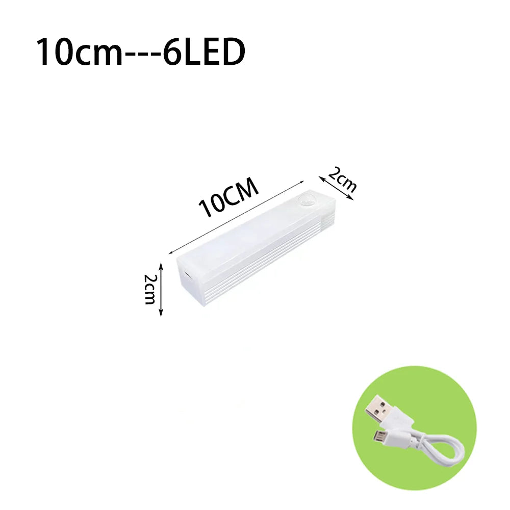 Diagram of the 10 cm / 3.9 in bar with six LEDs and a charging cable icon