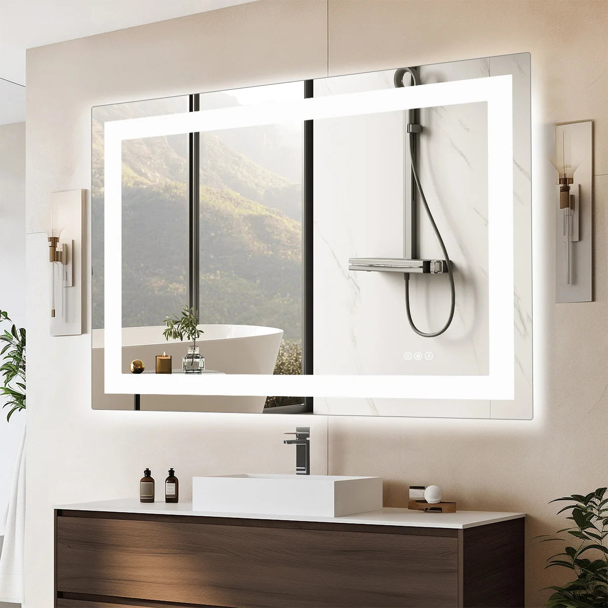 Illuminated rectangular mirror on a marble wall reflecting a walk in shower and window
